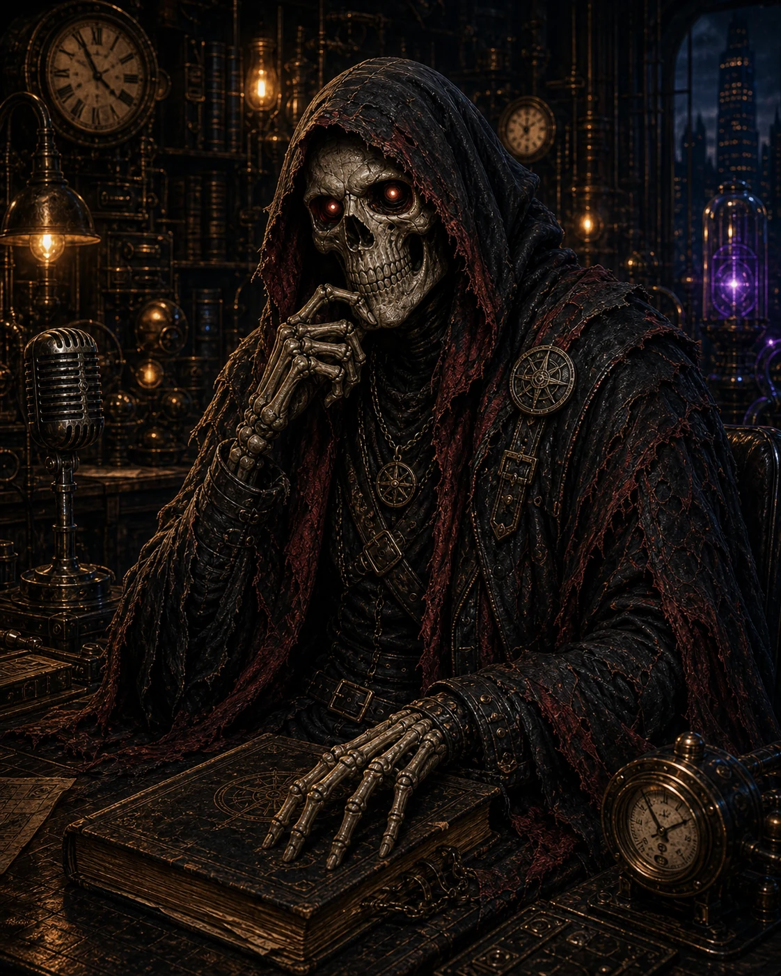 Bob, a composed hooded skeletal companion in layered black and red road-worn garments inside a dark archive studio