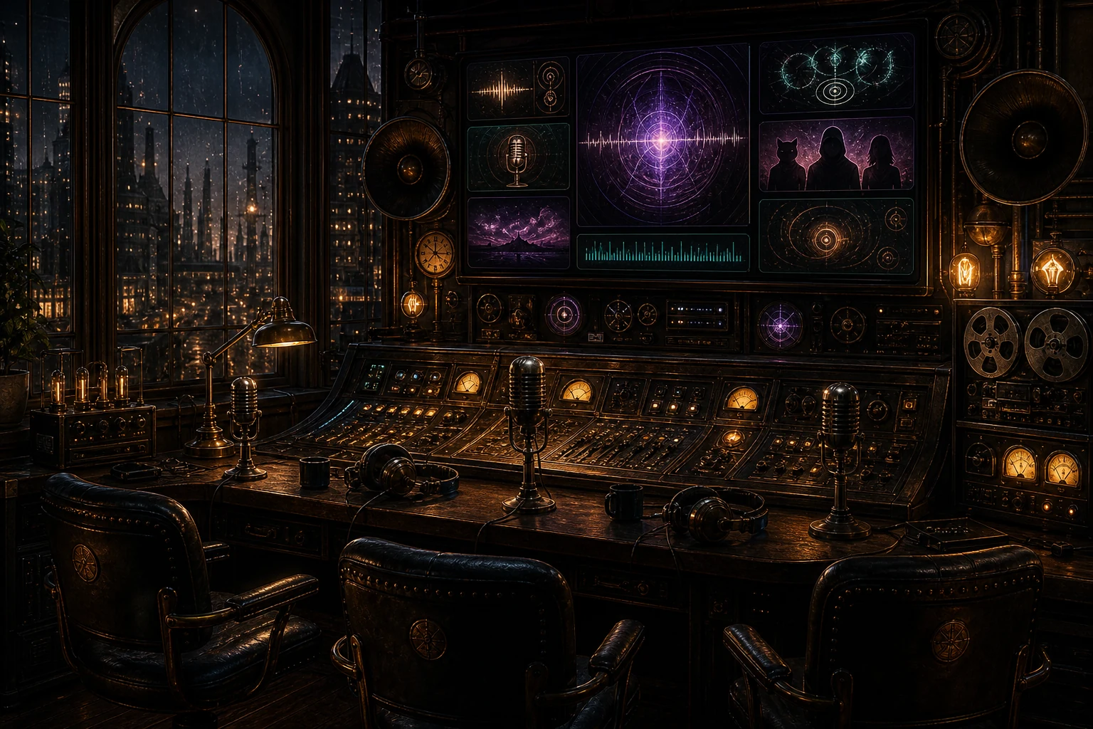 A dark broadcast control room with analog microphones, glowing signal monitors, and a rainy city beyond the windows