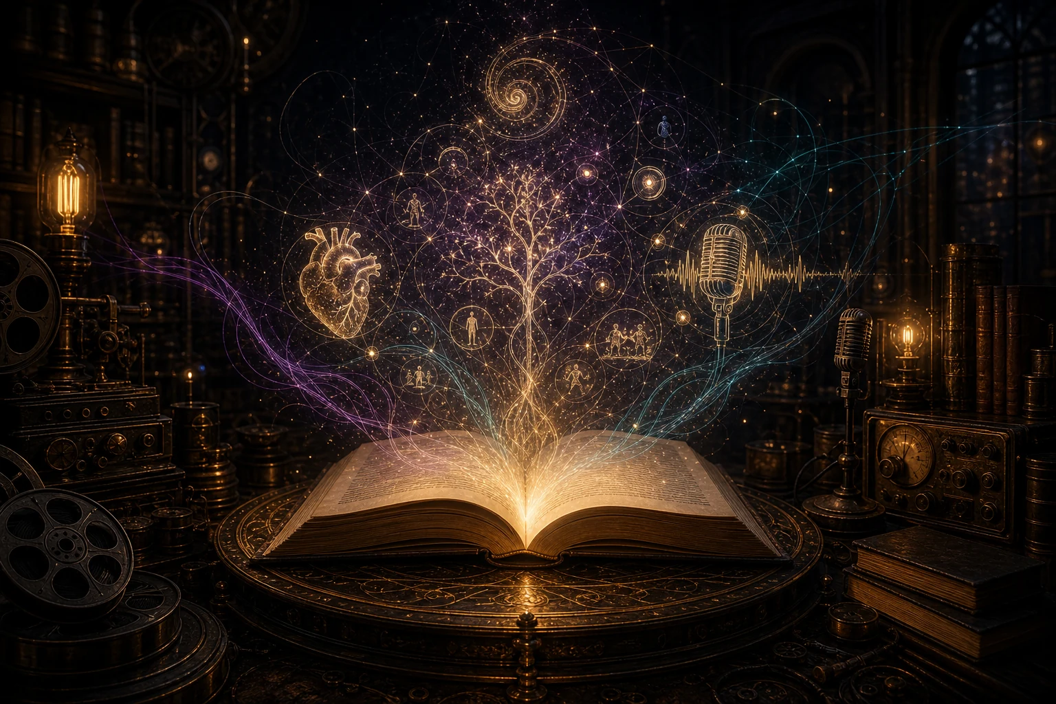 A glowing open book releasing story threads, constellations, microphones, and memory symbols in a dark studio