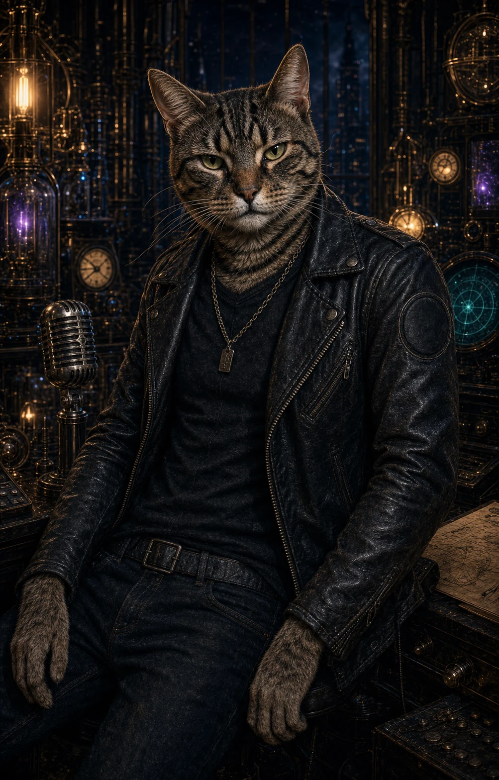 Felix, a clothed humanlike tabby-headed companion in a leather jacket inside a gothic radio studio