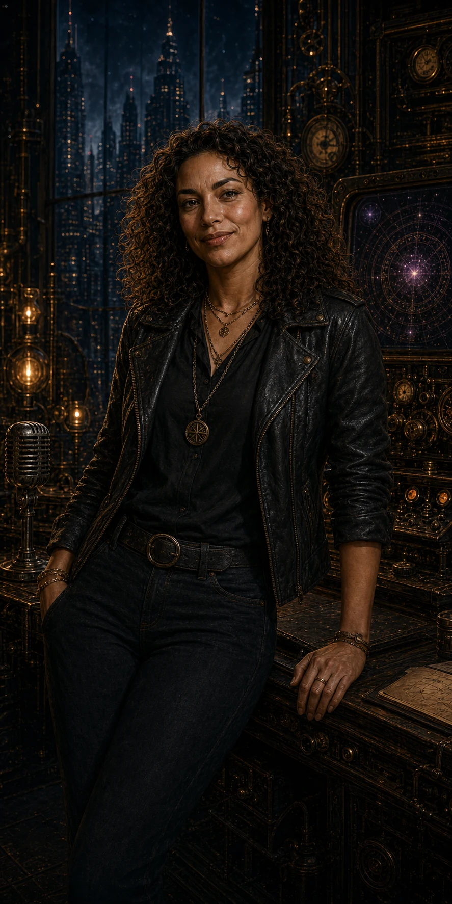 Mae, a grounded human woman with curly dark hair, dark wardrobe, and compass pendant in a gothic-industrial studio